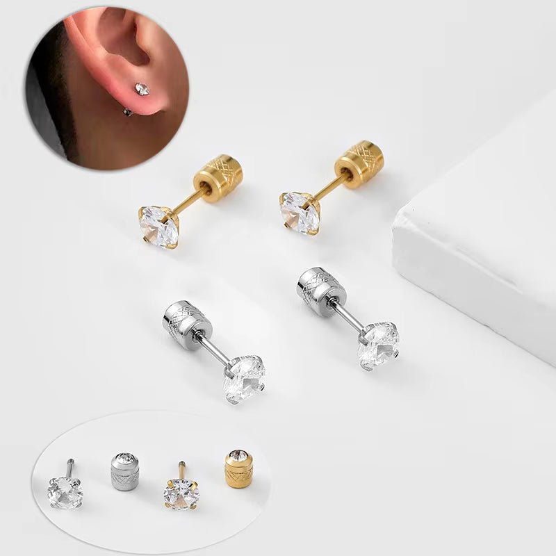 1Pair Stainless Steel Crystals Stud Earrings for Men Women Not Fade Ear Rings Jewelry