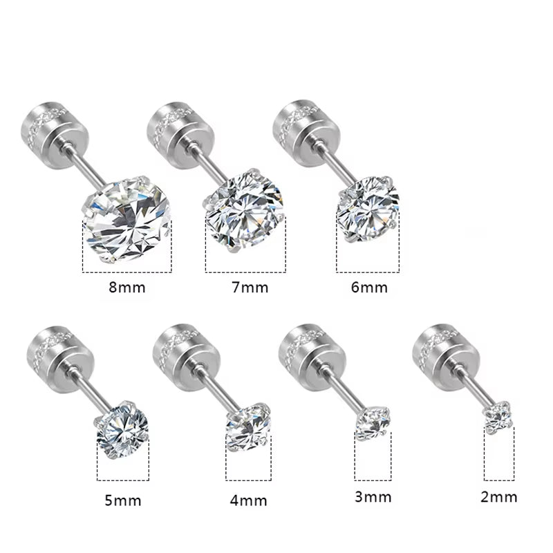 1Pair Stainless Steel Crystals Stud Earrings for Men Women Not Fade Ear Rings Jewelry
