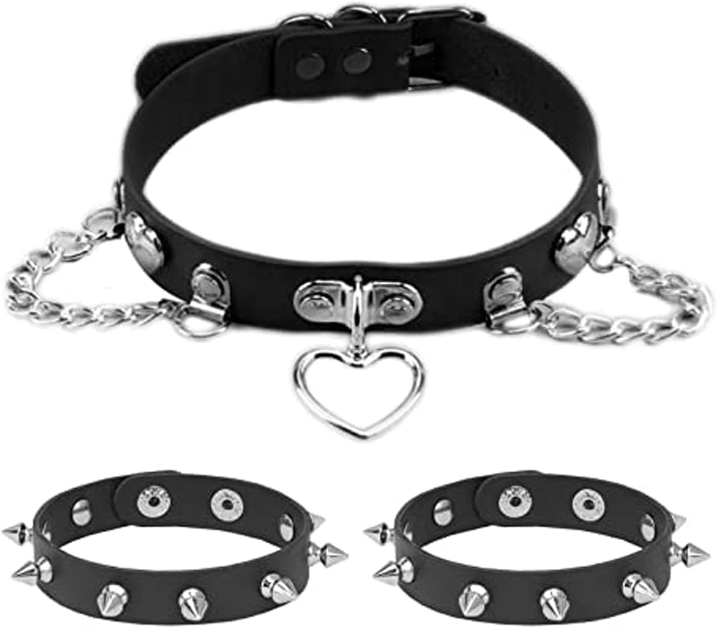 3 Pieces Leather Choker Collar and Bracelets Combo Punk Rock Gothic Jewelry Set Emo Costume Accessories for 80S 90S Vintage Womens Men (Black-Heart Chains)