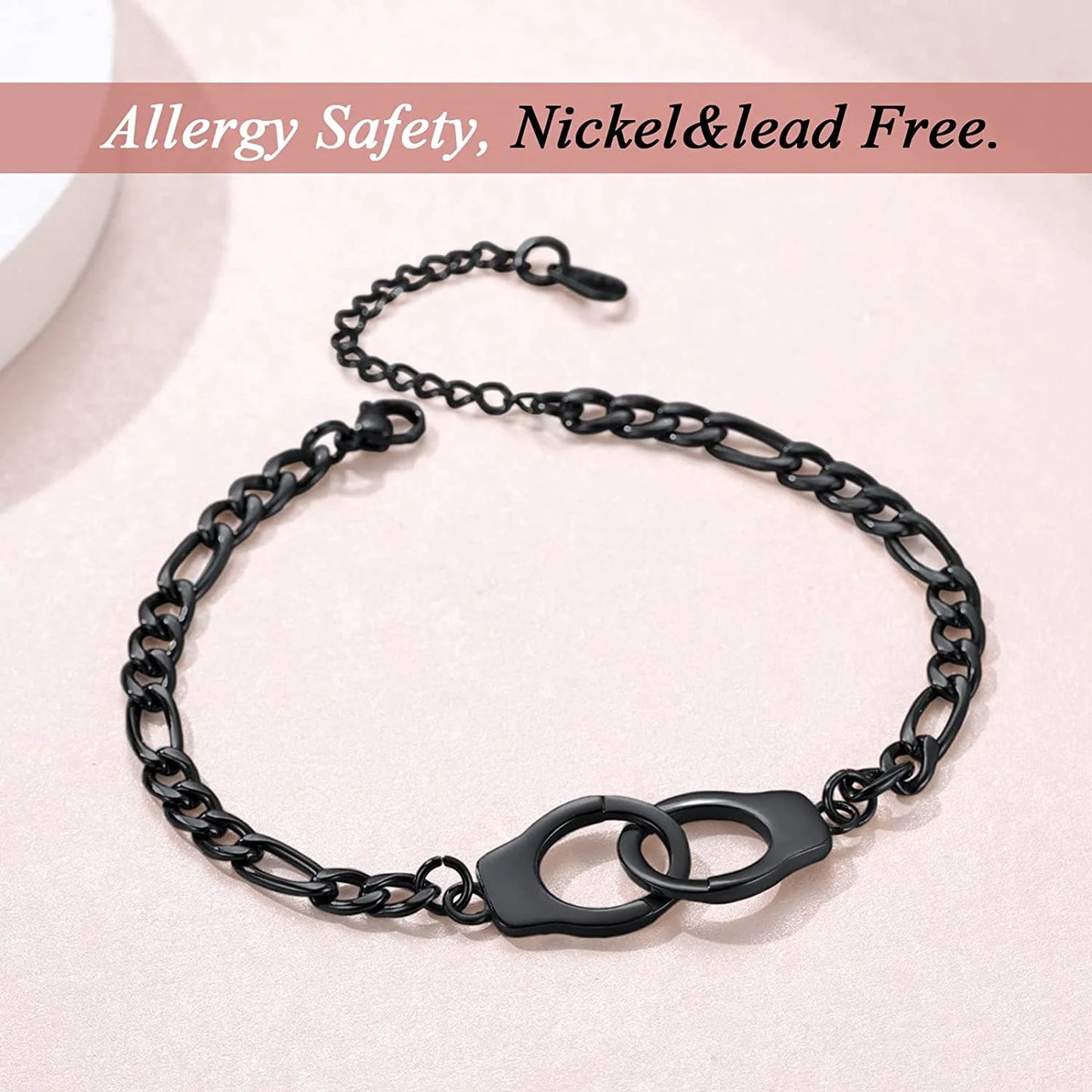 Black Handcuff Anklets for Women Partners in Crime Stainless Steel Punk Jewelry 8.5'' Adjustable Ankle Chain Foot Link Infinity Bracelet for Her