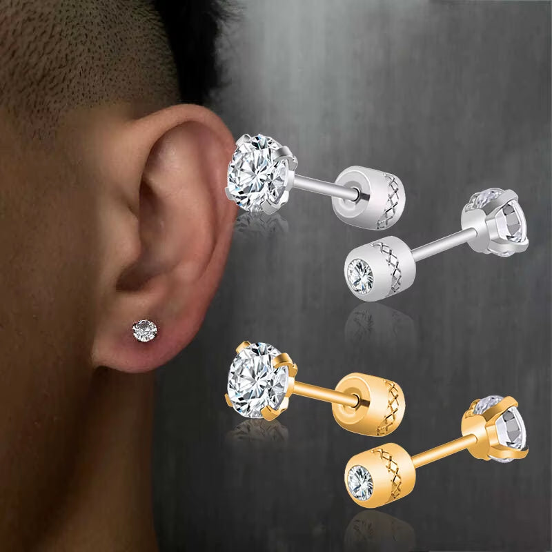 1Pair Stainless Steel Crystals Stud Earrings for Men Women Not Fade Ear Rings Jewelry