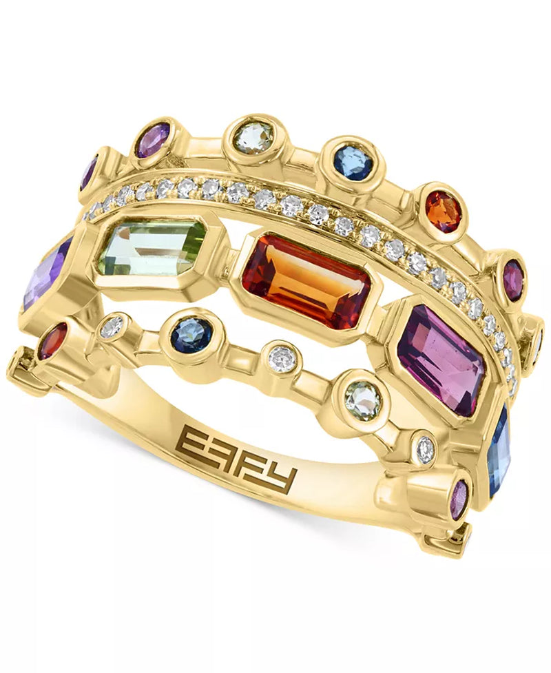EFFY® Multi-Gemstone (2-1/10 Ct. T.W.) & Diamond (1/8 Ct. T.W.) Multirow Statement Ring in 14K Gold