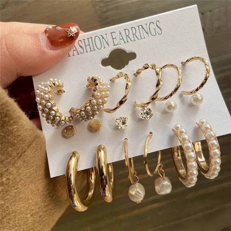 Boho Big Circle Hoop Earring Set for Women, Gold Color Bohemia Vintage Pearl Earring, Heart Zircon Ear Studs Jewelry Gifts