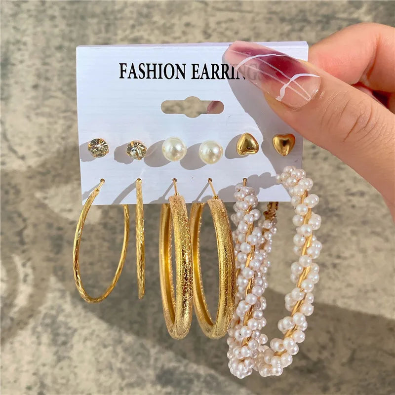 Boho Big Circle Hoop Earring Set for Women, Gold Color Bohemia Vintage Pearl Earring, Heart Zircon Ear Studs Jewelry Gifts