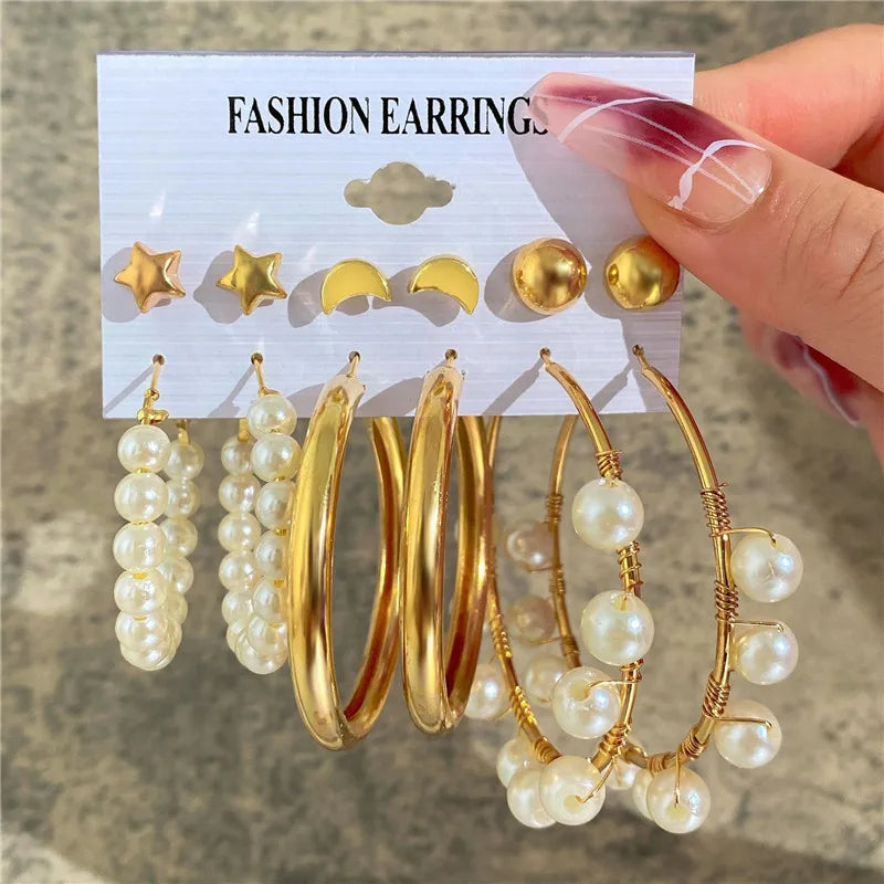 Boho Big Circle Hoop Earring Set for Women, Gold Color Bohemia Vintage Pearl Earring, Heart Zircon Ear Studs Jewelry Gifts