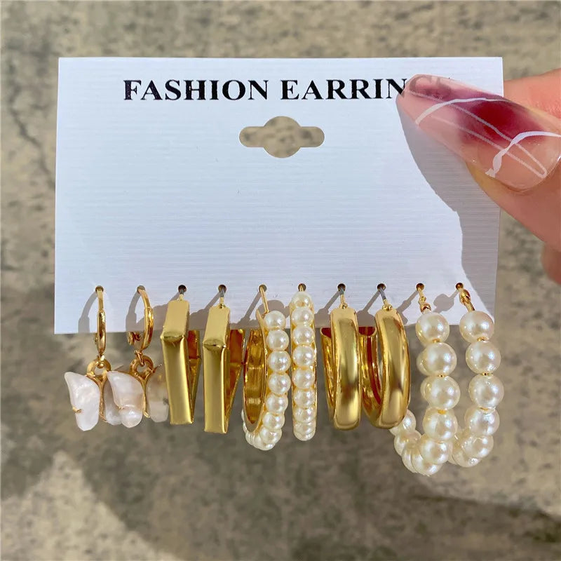 Boho Big Circle Hoop Earring Set for Women, Gold Color Bohemia Vintage Pearl Earring, Heart Zircon Ear Studs Jewelry Gifts