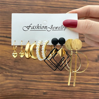 Boho Big Circle Hoop Earring Set for Women, Gold Color Bohemia Vintage Pearl Earring, Heart Zircon Ear Studs Jewelry Gifts