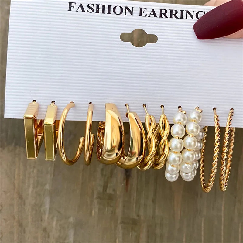 Boho Big Circle Hoop Earring Set for Women, Gold Color Bohemia Vintage Pearl Earring, Heart Zircon Ear Studs Jewelry Gifts
