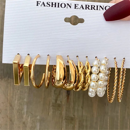Boho Big Circle Hoop Earring Set for Women, Gold Color Bohemia Vintage Pearl Earring, Heart Zircon Ear Studs Jewelry Gifts