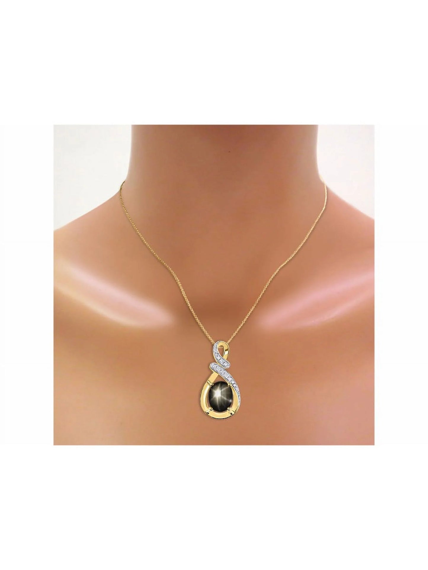 Necklace Yellow Gold Plated Silver Necklace Gemstone & Diamonds Pendant 18" Chain 9X7MM Black Star Sapphire March Birthstone Womens Jewelry Silver Necklace