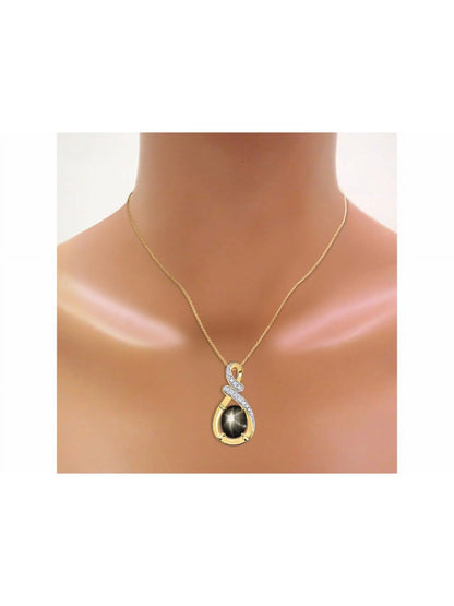 Necklace Yellow Gold Plated Silver Necklace Gemstone & Diamonds Pendant 18" Chain 9X7MM Black Star Sapphire March Birthstone Womens Jewelry Silver Necklace