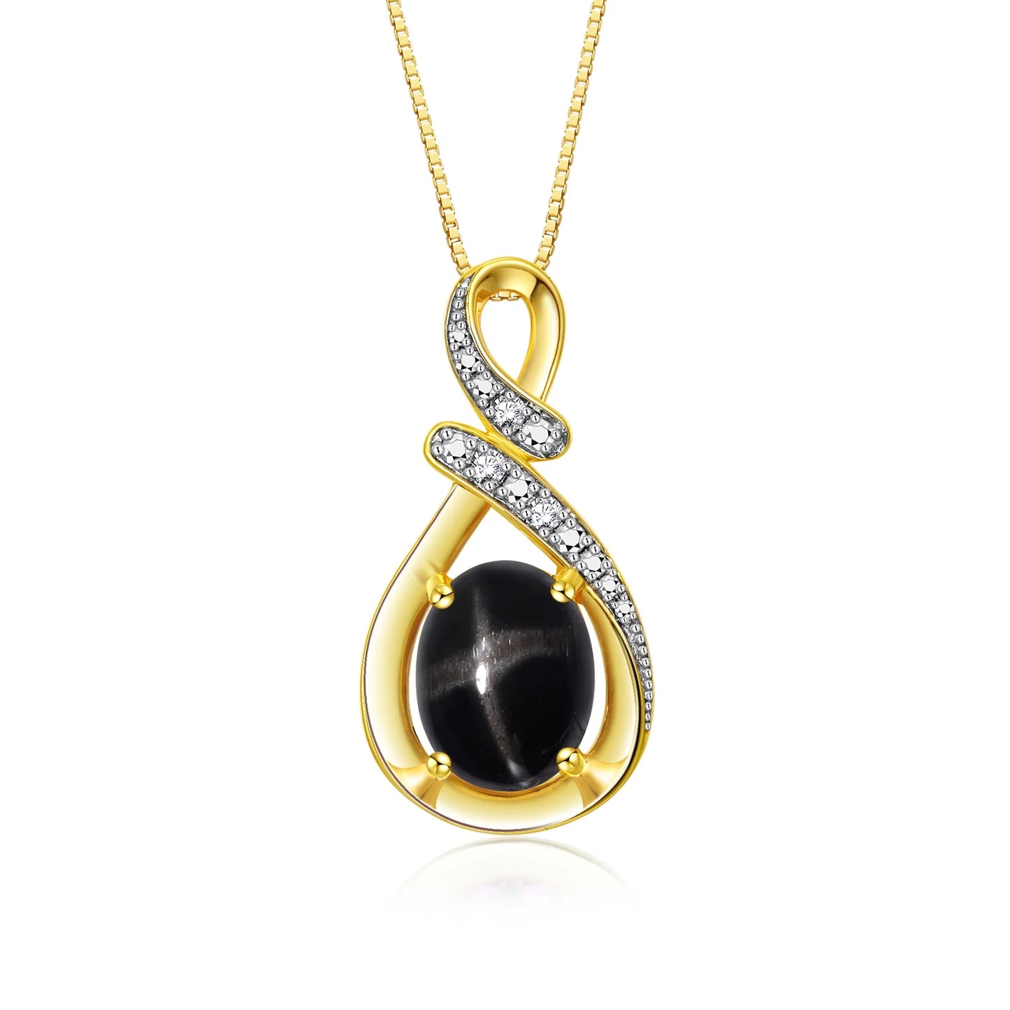 Necklace Yellow Gold Plated Silver Necklace Gemstone & Diamonds Pendant 18" Chain 9X7MM Black Star Sapphire March Birthstone Womens Jewelry Silver Necklace