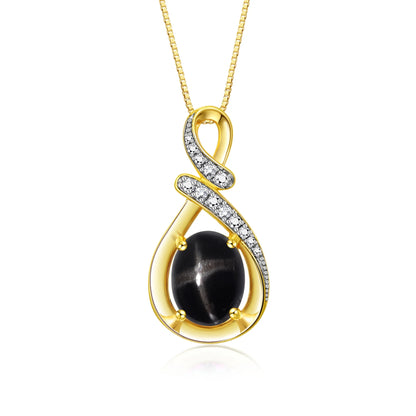 Necklace Yellow Gold Plated Silver Necklace Gemstone & Diamonds Pendant 18" Chain 9X7MM Black Star Sapphire March Birthstone Womens Jewelry Silver Necklace
