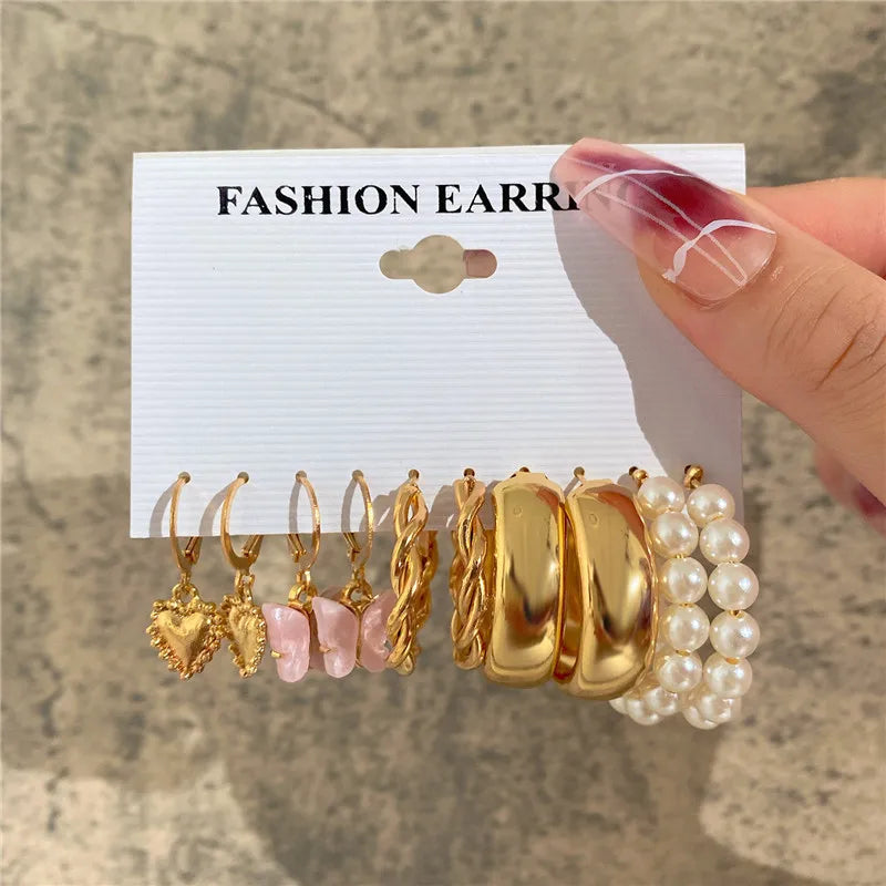 Boho Big Circle Hoop Earring Set for Women, Gold Color Bohemia Vintage Pearl Earring, Heart Zircon Ear Studs Jewelry Gifts