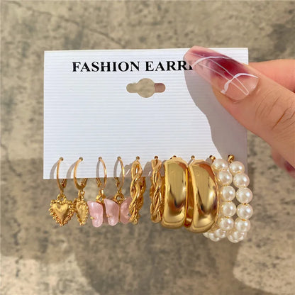 Boho Big Circle Hoop Earring Set for Women, Gold Color Bohemia Vintage Pearl Earring, Heart Zircon Ear Studs Jewelry Gifts