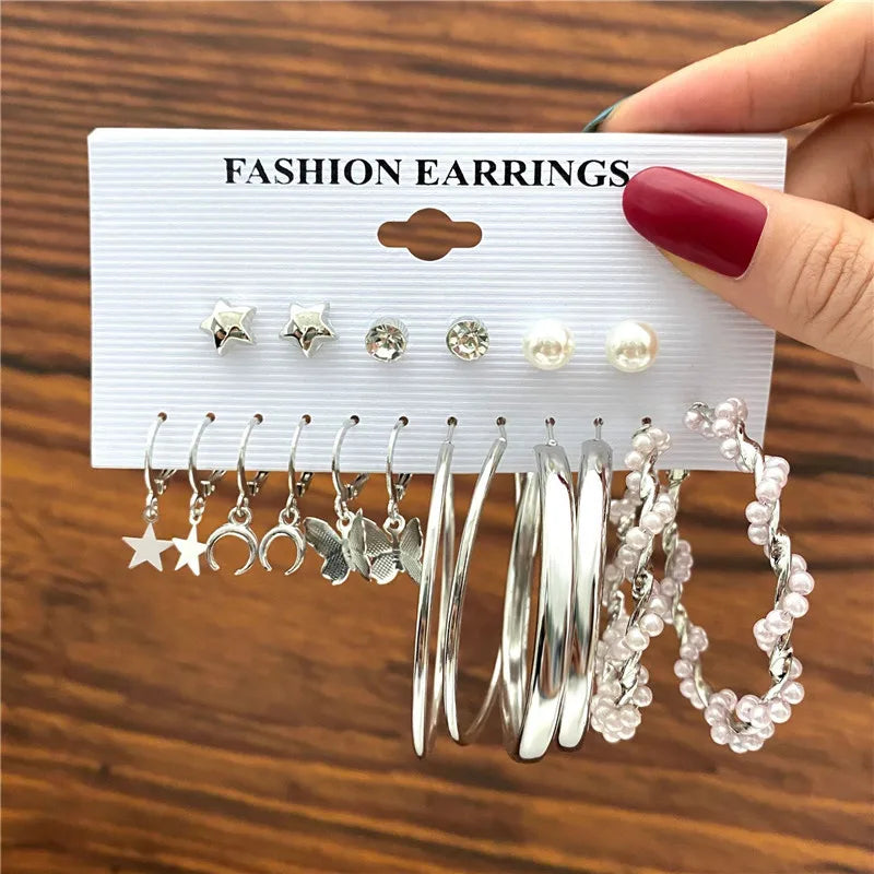 Boho Big Circle Hoop Earring Set for Women, Gold Color Bohemia Vintage Pearl Earring, Heart Zircon Ear Studs Jewelry Gifts