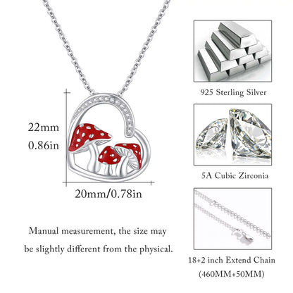 Mushroom Necklace 925 Sterling Silver Heart Pendant Necklaces Birthday Xmas Gift Jewelry for Women Mom Daughter Wife