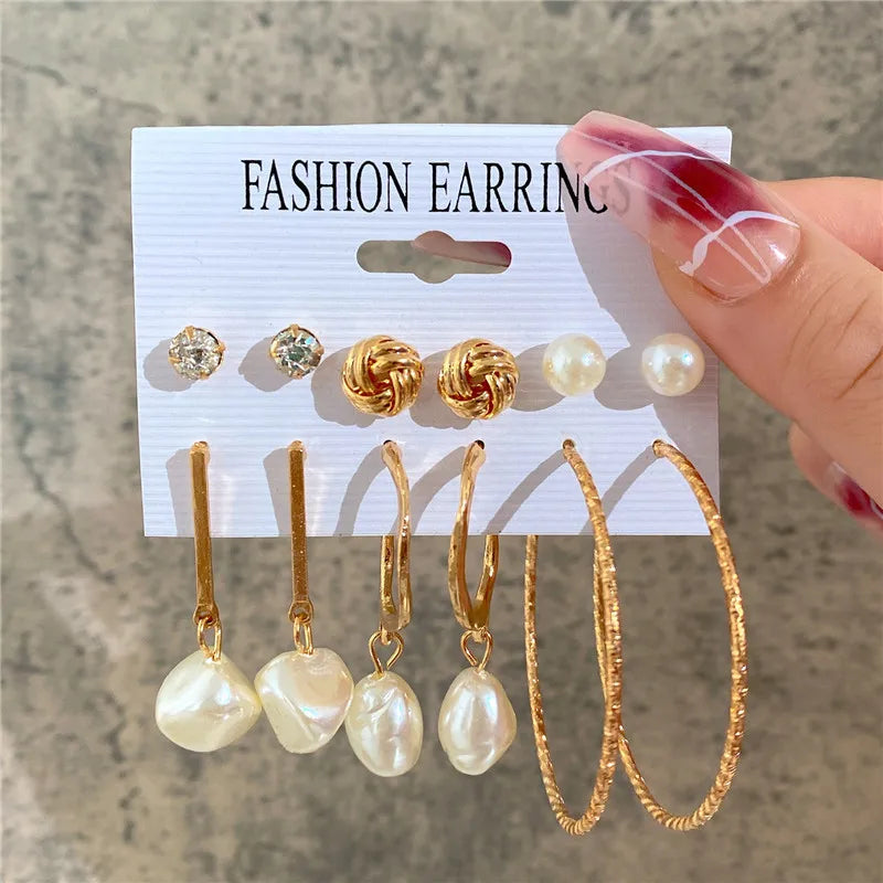 Boho Big Circle Hoop Earring Set for Women, Gold Color Bohemia Vintage Pearl Earring, Heart Zircon Ear Studs Jewelry Gifts