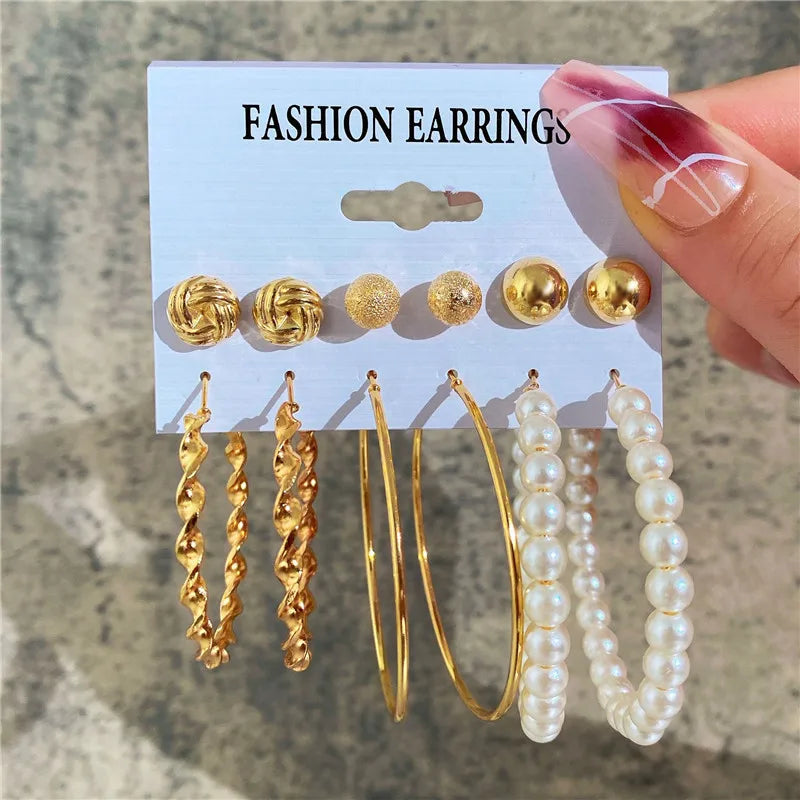 Boho Big Circle Hoop Earring Set for Women, Gold Color Bohemia Vintage Pearl Earring, Heart Zircon Ear Studs Jewelry Gifts