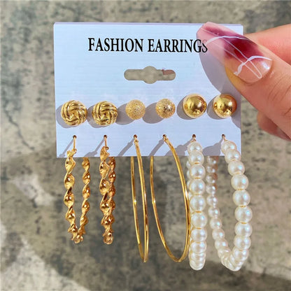Boho Big Circle Hoop Earring Set for Women, Gold Color Bohemia Vintage Pearl Earring, Heart Zircon Ear Studs Jewelry Gifts
