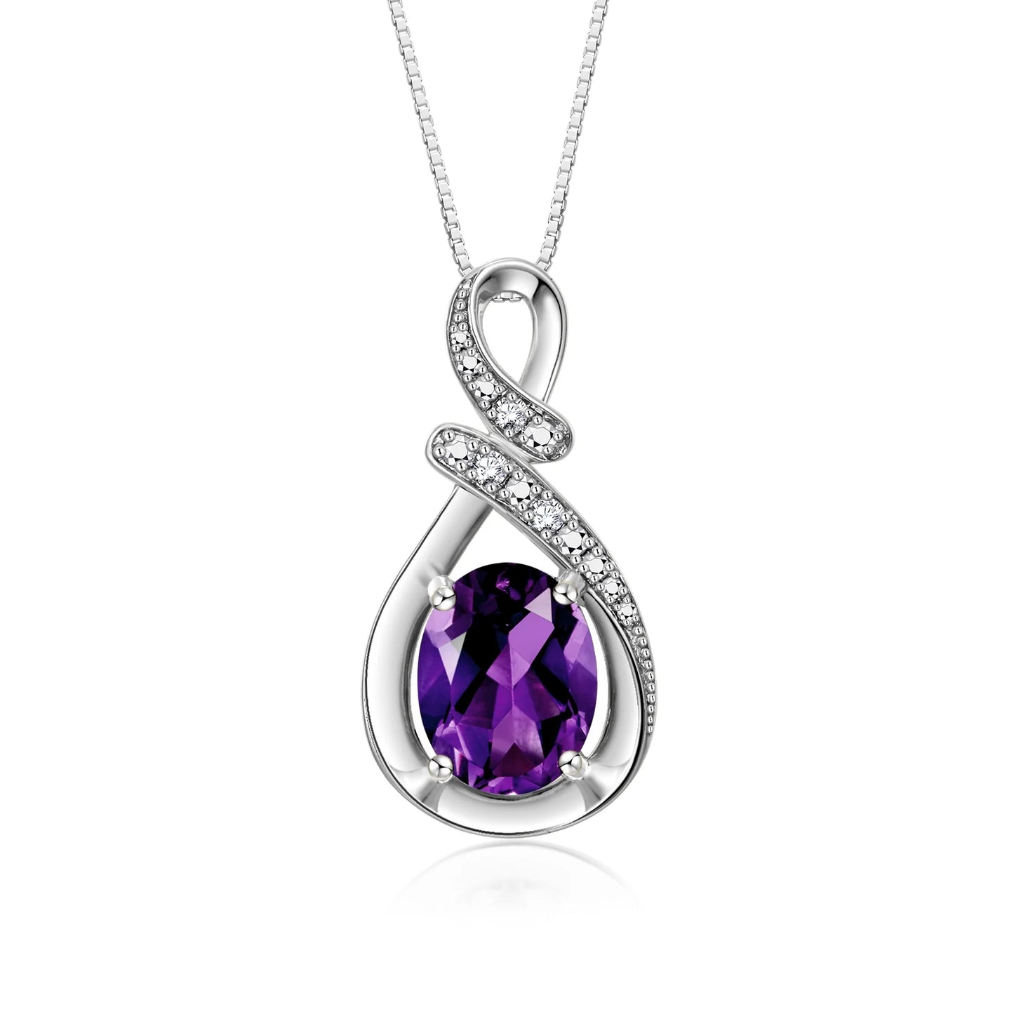 Necklace Sterling Silver Classic Designer Necklace Gemstone & Diamonds Pendant with 18" Chain 9X7MM Amethyst February Birthstone Womens Jewelry Silver Necklace