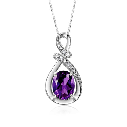 Necklace Sterling Silver Classic Designer Necklace Gemstone & Diamonds Pendant with 18" Chain 9X7MM Amethyst February Birthstone Womens Jewelry Silver Necklace