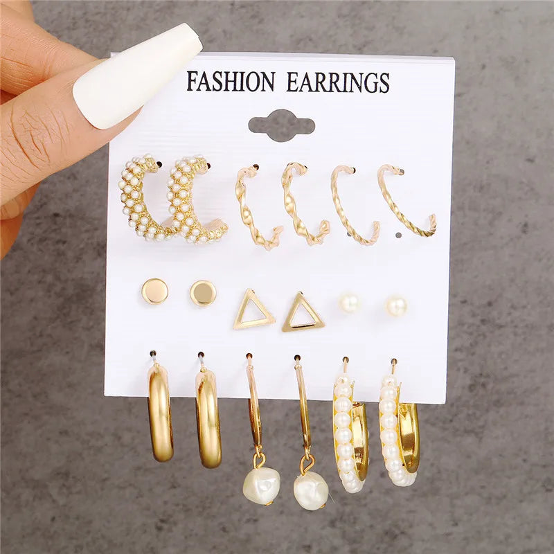 Boho Big Circle Hoop Earring Set for Women, Gold Color Bohemia Vintage Pearl Earring, Heart Zircon Ear Studs Jewelry Gifts