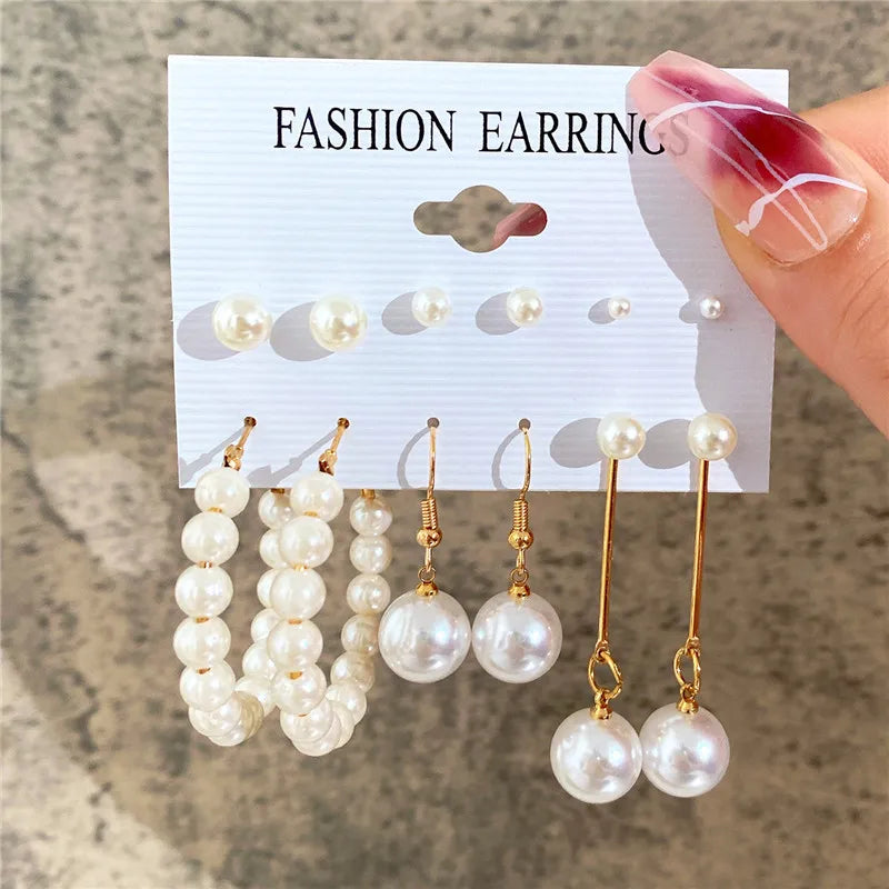 Boho Big Circle Hoop Earring Set for Women, Gold Color Bohemia Vintage Pearl Earring, Heart Zircon Ear Studs Jewelry Gifts
