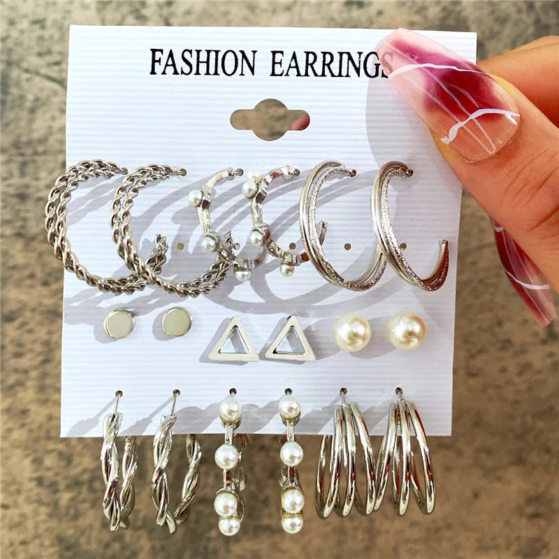 Boho Big Circle Hoop Earring Set for Women, Gold Color Bohemia Vintage Pearl Earring, Heart Zircon Ear Studs Jewelry Gifts
