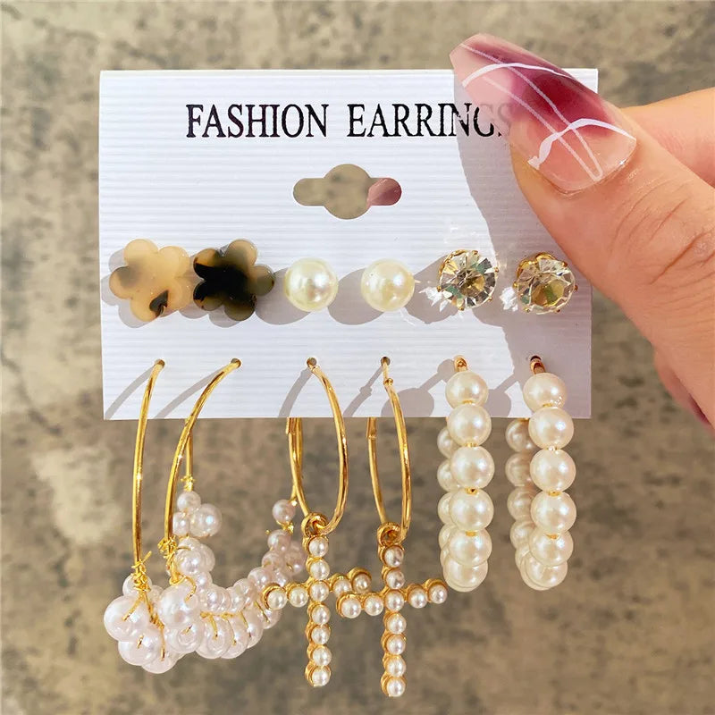Boho Big Circle Hoop Earring Set for Women, Gold Color Bohemia Vintage Pearl Earring, Heart Zircon Ear Studs Jewelry Gifts