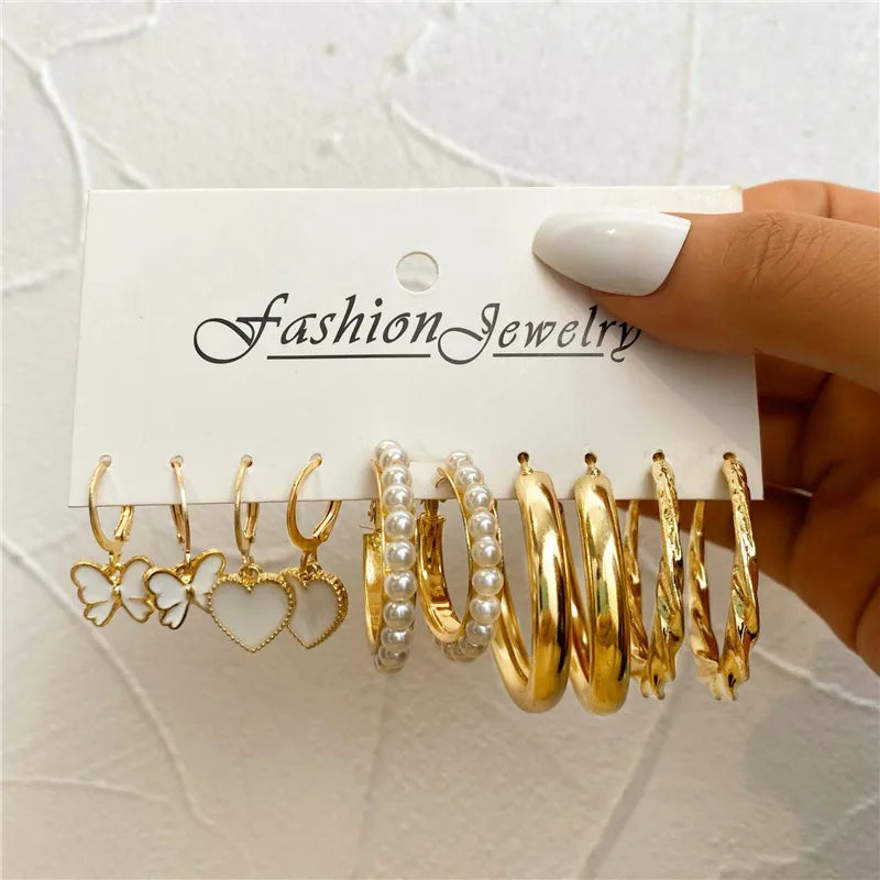 Boho Big Circle Hoop Earring Set for Women, Gold Color Bohemia Vintage Pearl Earring, Heart Zircon Ear Studs Jewelry Gifts