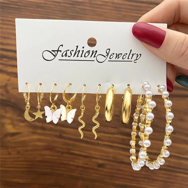 Boho Big Circle Hoop Earring Set for Women, Gold Color Bohemia Vintage Pearl Earring, Heart Zircon Ear Studs Jewelry Gifts