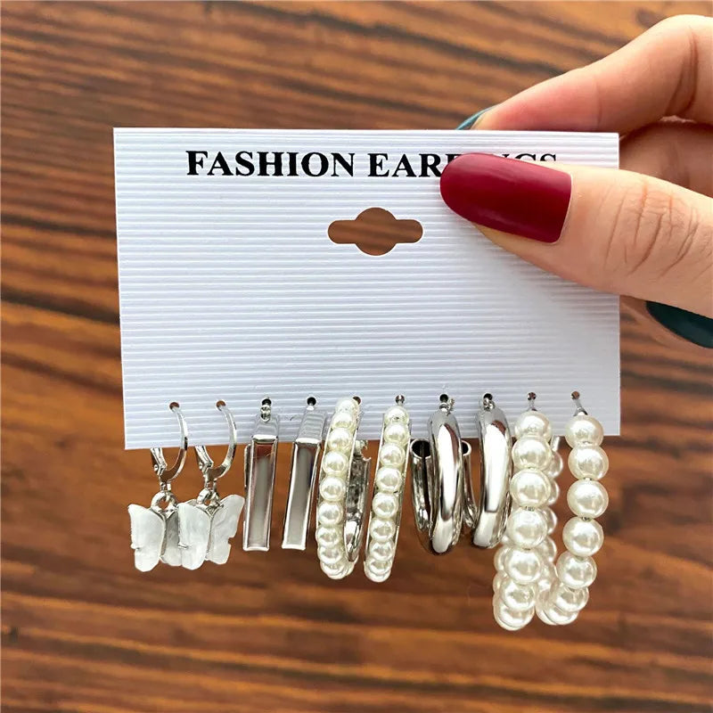Boho Big Circle Hoop Earring Set for Women, Gold Color Bohemia Vintage Pearl Earring, Heart Zircon Ear Studs Jewelry Gifts