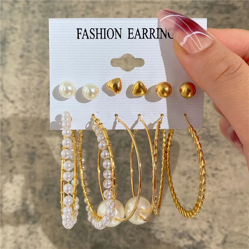 Boho Big Circle Hoop Earring Set for Women, Gold Color Bohemia Vintage Pearl Earring, Heart Zircon Ear Studs Jewelry Gifts