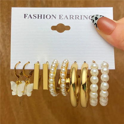 Boho Big Circle Hoop Earring Set for Women, Gold Color Bohemia Vintage Pearl Earring, Heart Zircon Ear Studs Jewelry Gifts